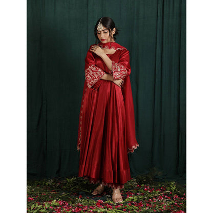 THE AARYA Ruby Red Mashru Silk Embroidered Anarkali (Set of 3)