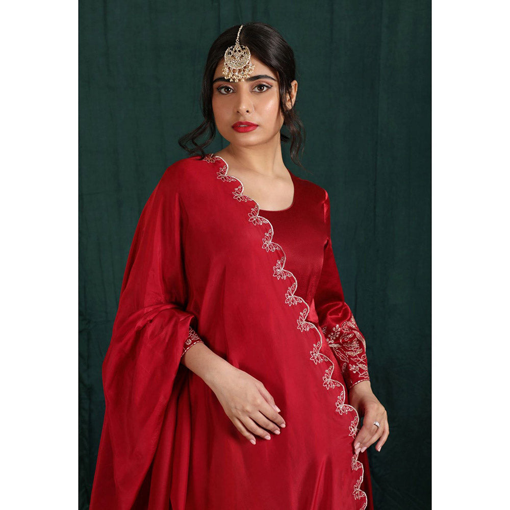 THE AARYA Ruby Red Mashru Silk Embroidered Anarkali (Set of 3)