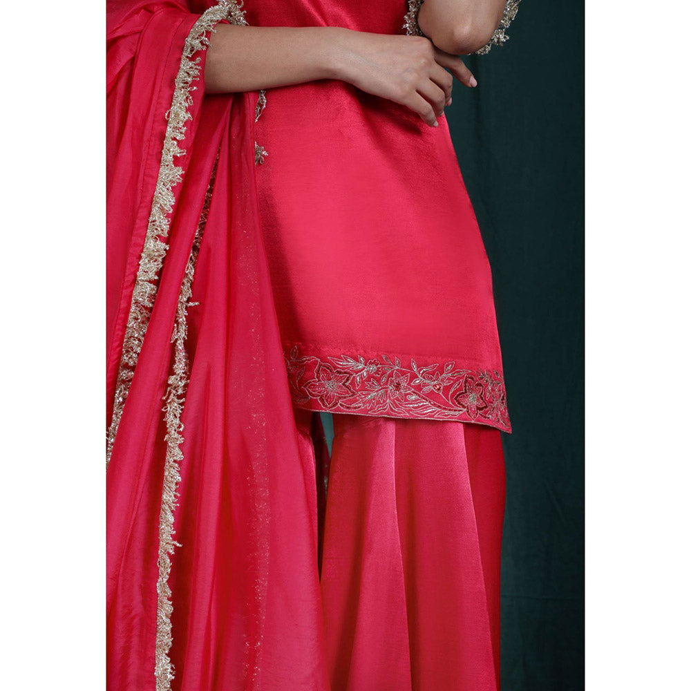 THE AARYA Blush Red Mashru Silk Embroidered Gharara (Set of 3)