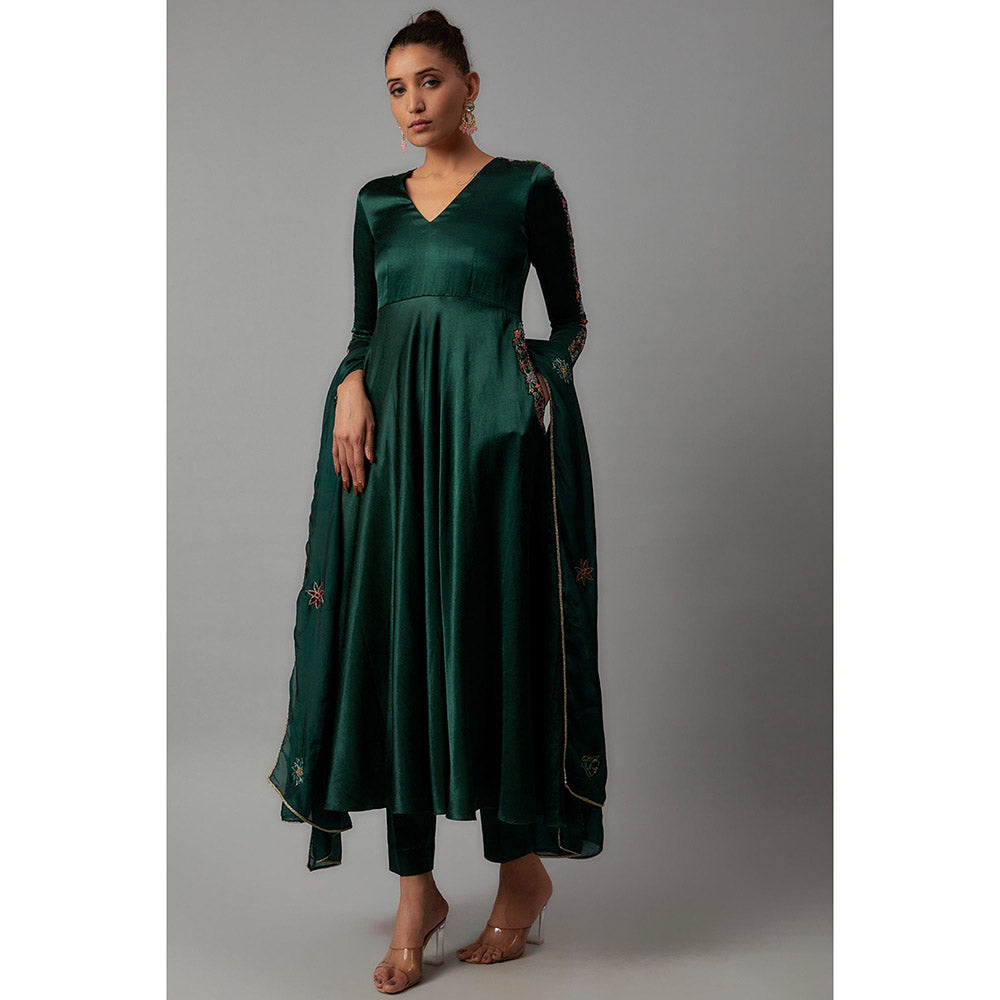 THE AARYA Emerald Green Mashru Silk Pocket Embroidered Anarkali (Set of 3)