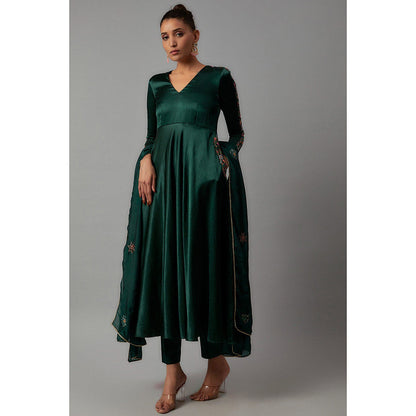 THE AARYA Emerald Green Mashru Silk Pocket Embroidered Anarkali (Set of 3)
