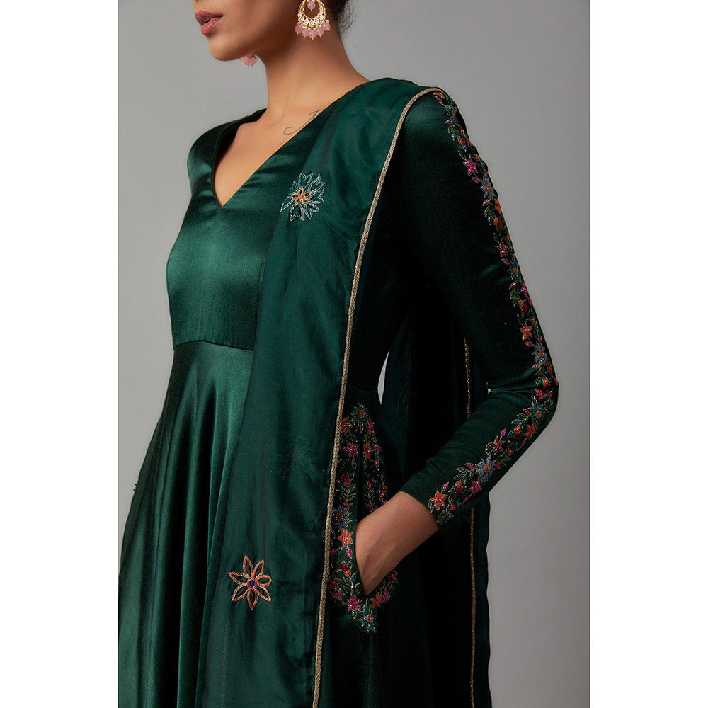 THE AARYA Emerald Green Mashru Silk Pocket Embroidered Anarkali (Set of 3)