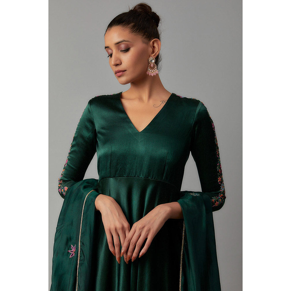 THE AARYA Emerald Green Mashru Silk Pocket Embroidered Anarkali (Set of 3)