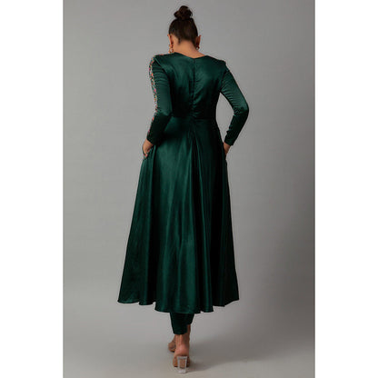 THE AARYA Emerald Green Mashru Silk Pocket Embroidered Anarkali (Set of 3)