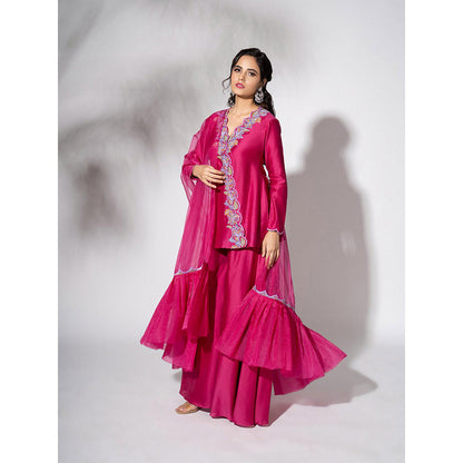 THE AARYA Fuchsia Pink Handwoven Chanderi Embroidered Gharara (Set of 3)