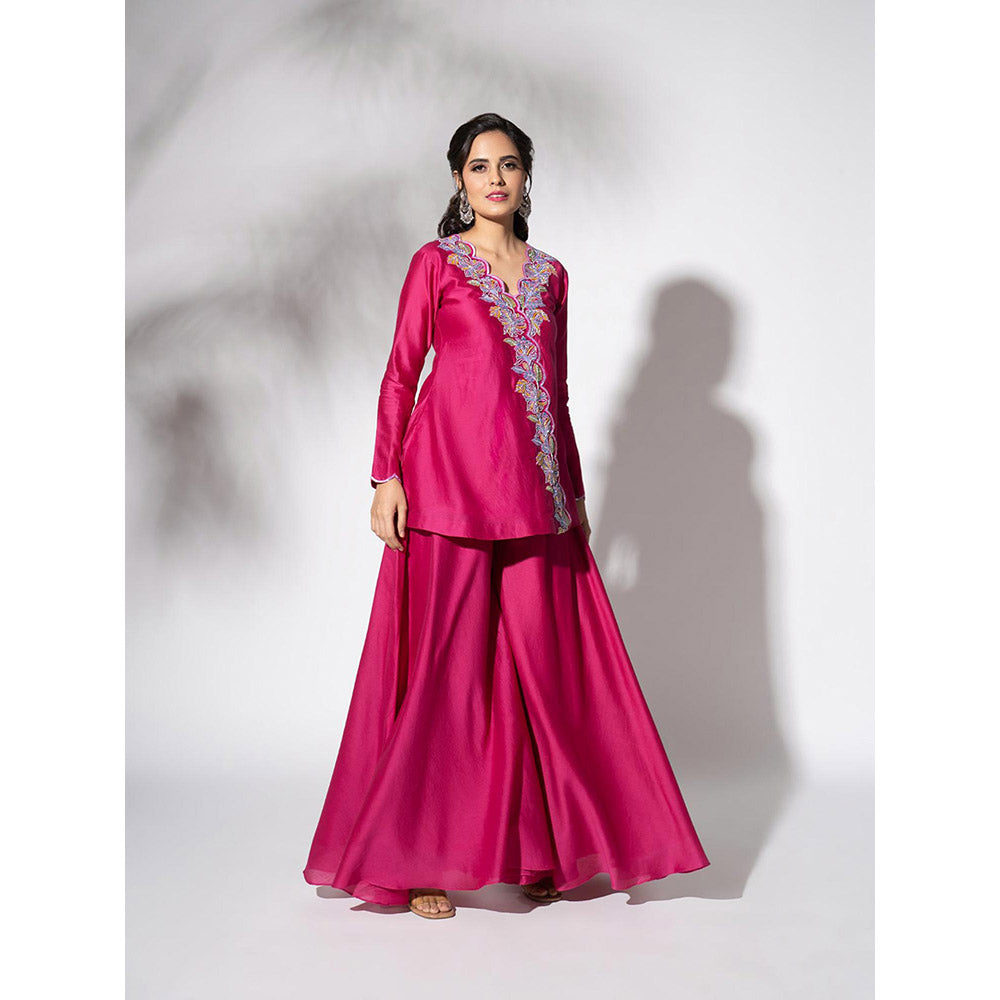 THE AARYA Fuchsia Pink Handwoven Chanderi Embroidered Gharara (Set of 3)