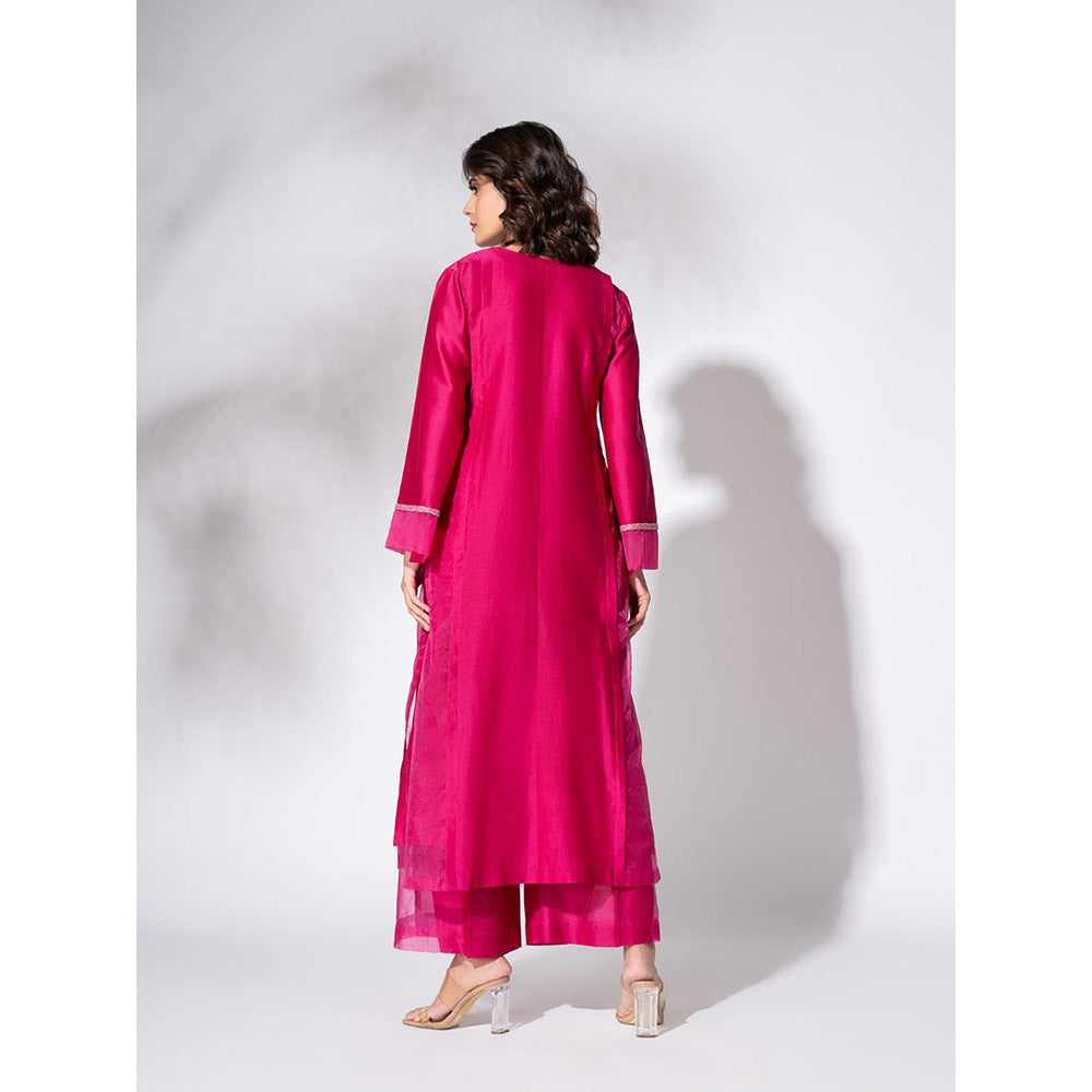 THE AARYA Fuchsia Pink Handwoven Chanderi and Organza Embroidered Kurta (Set of 4)