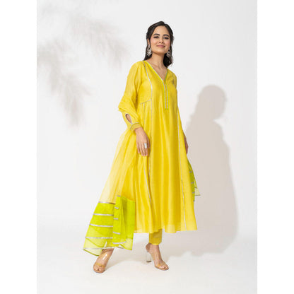 THE AARYA Yellow Handwoven Chanderi Anarkali (Set of 3)