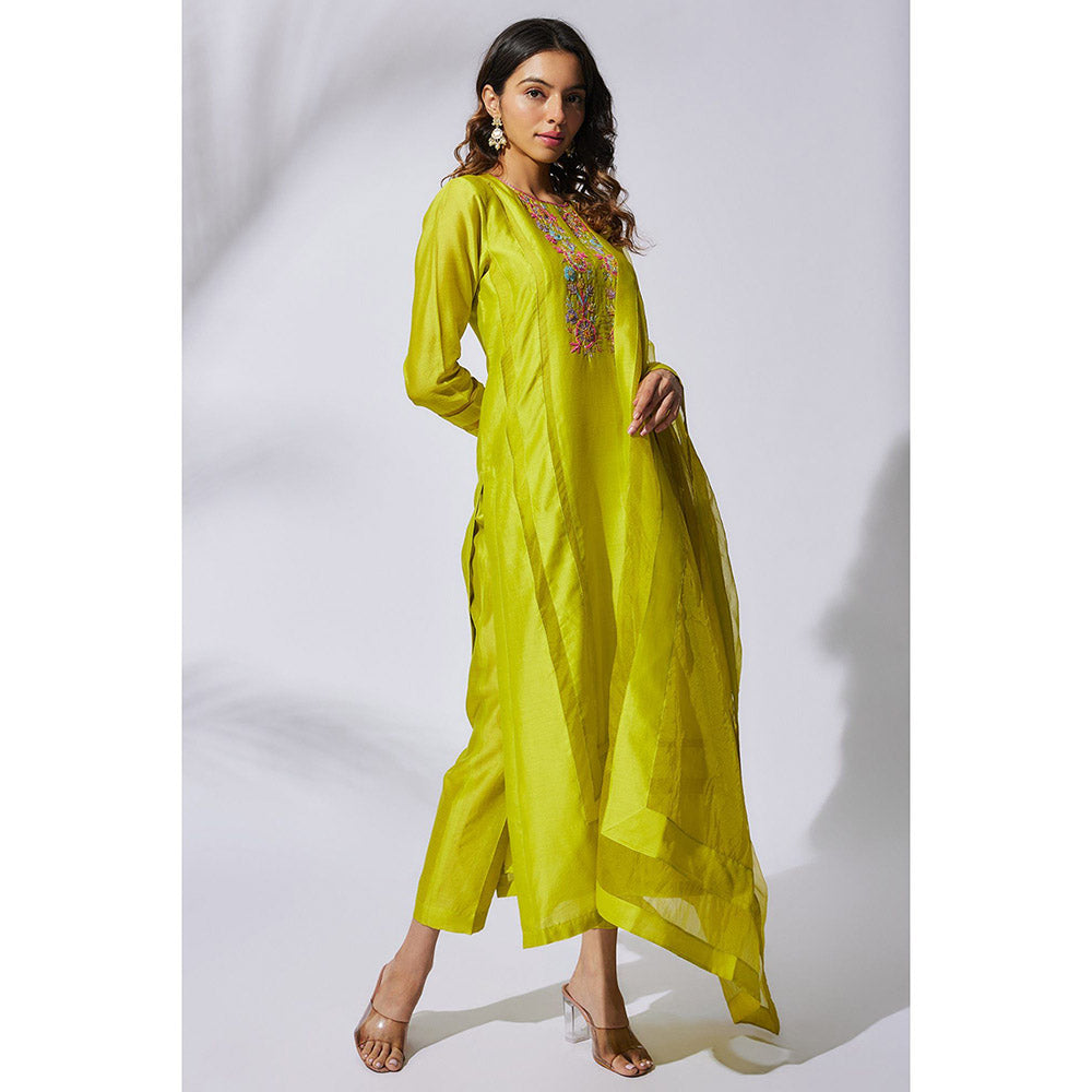 THE AARYA Lime Green Handwoven Chanderi Embroidered Kurta (Set of 3)