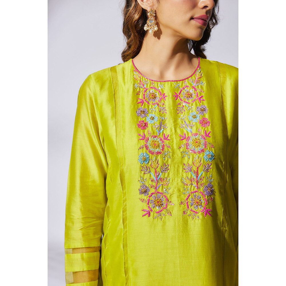 THE AARYA Lime Green Handwoven Chanderi Embroidered Kurta (Set of 3)