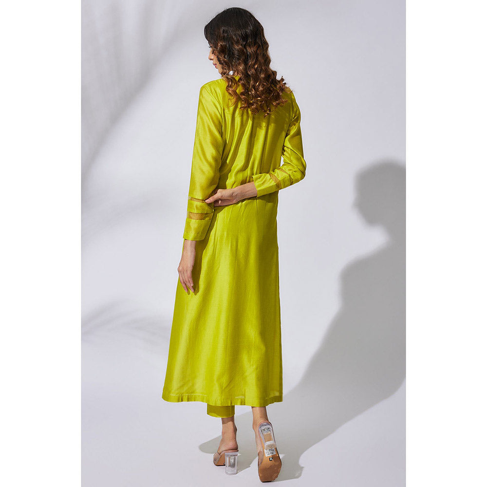 THE AARYA Lime Green Handwoven Chanderi Embroidered Kurta (Set of 3)