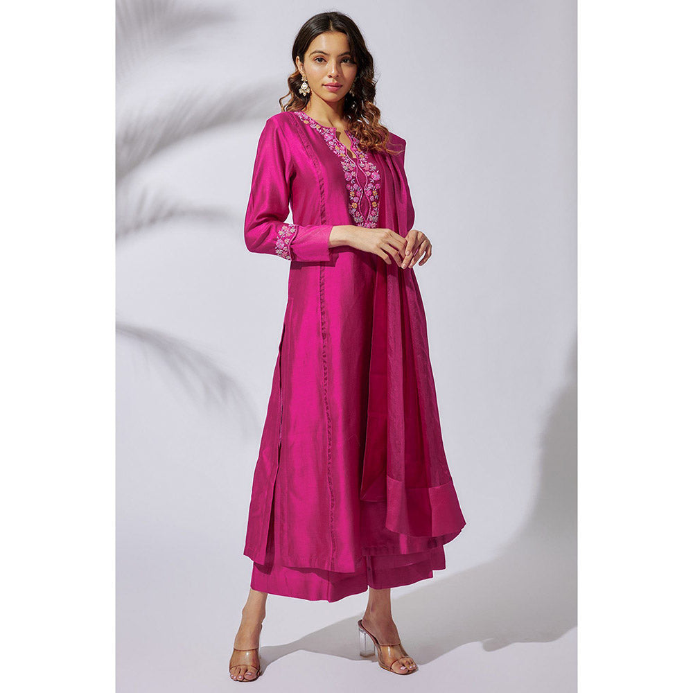 THE AARYA Fuchsia Pink Handwoven Chanderi Embroidered Kali Kurta (Set of 3)