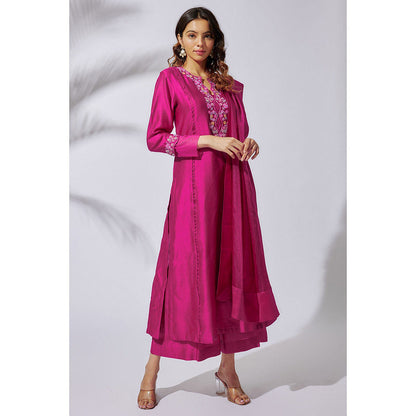 THE AARYA Fuchsia Pink Handwoven Chanderi Embroidered Kali Kurta (Set of 3)