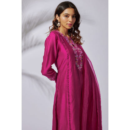 THE AARYA Fuchsia Pink Handwoven Chanderi Embroidered Kali Kurta (Set of 3)