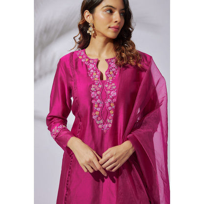 THE AARYA Fuchsia Pink Handwoven Chanderi Embroidered Kali Kurta (Set of 3)