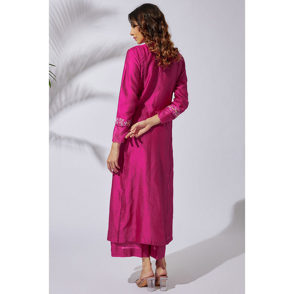 THE AARYA Fuchsia Pink Handwoven Chanderi Embroidered Kali Kurta (Set of 3)