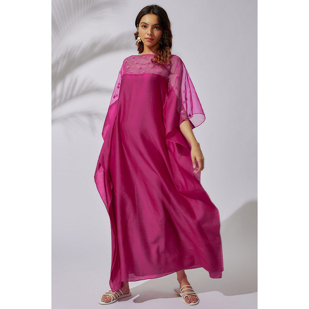 THE AARYA Fuchsia Pink Handwoven Chanderi Embroidered Kaftan