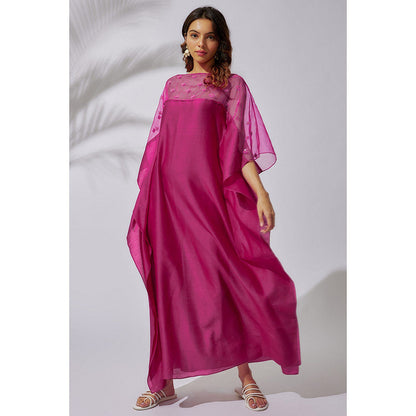 THE AARYA Fuchsia Pink Handwoven Chanderi Embroidered Kaftan