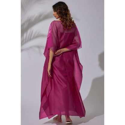 THE AARYA Fuchsia Pink Handwoven Chanderi Embroidered Kaftan