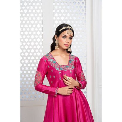THE AARYA Pink Handwoven Chanderi Embroidered Layered Anarkali (Set of 3)