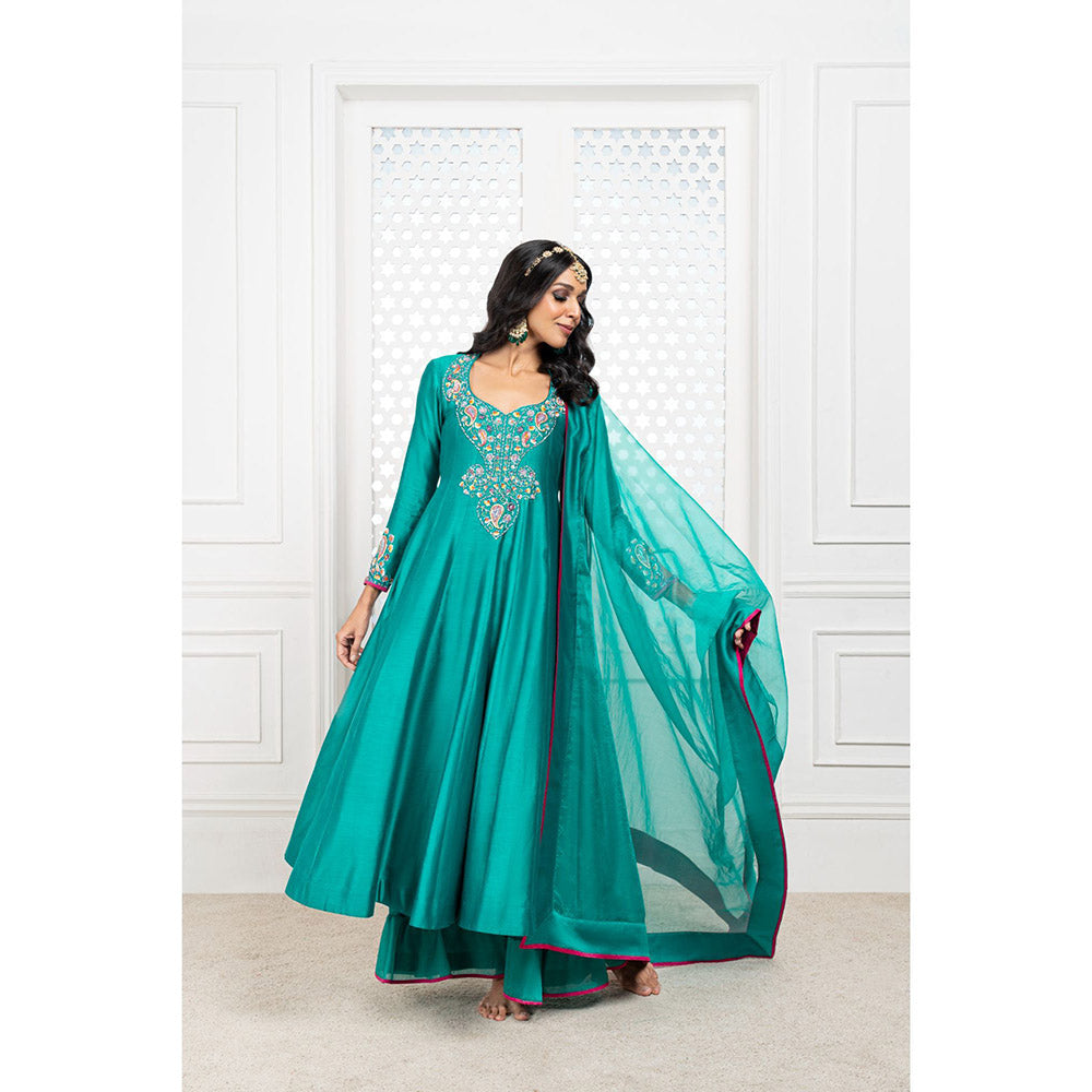 THE AARYA Green Handwoven Chanderi Embroidered Anarkali (Set of 3)