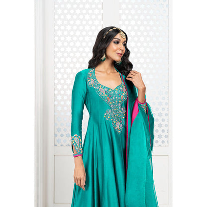 THE AARYA Green Handwoven Chanderi Embroidered Anarkali (Set of 3)