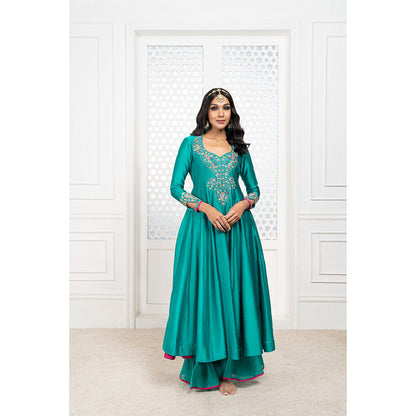 THE AARYA Green Handwoven Chanderi Embroidered Anarkali (Set of 3)