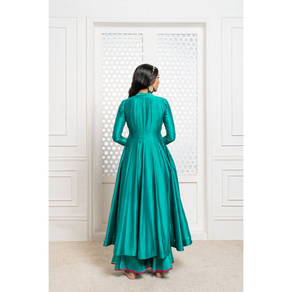 THE AARYA Green Handwoven Chanderi Embroidered Anarkali (Set of 3)
