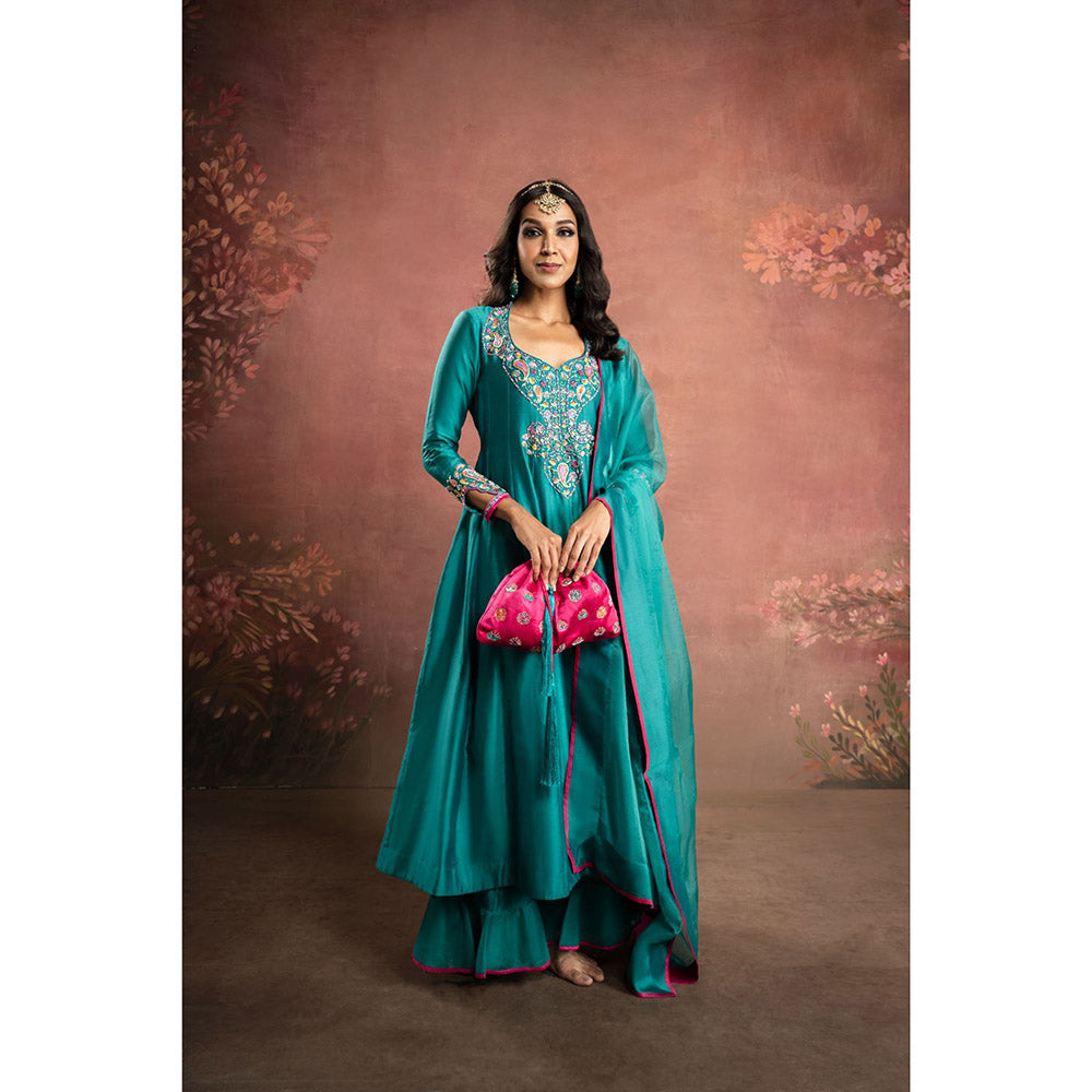 THE AARYA Green Handwoven Chanderi Embroidered Anarkali (Set of 3)