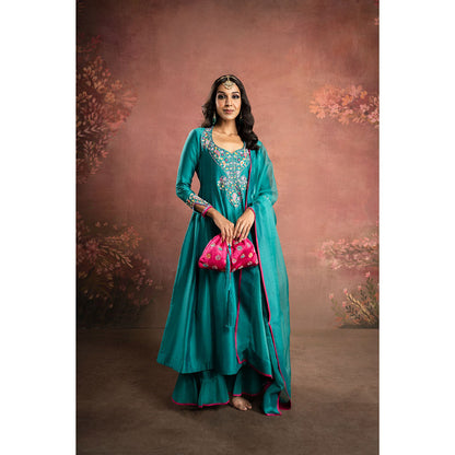 THE AARYA Green Handwoven Chanderi Embroidered Anarkali (Set of 3)