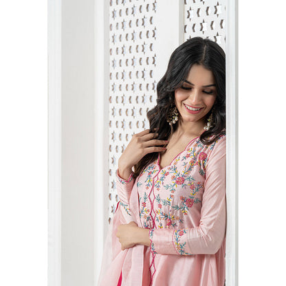 THE AARYA Peach Handwoven Chanderi Embroidered High Low Anarkali (Set of 3)