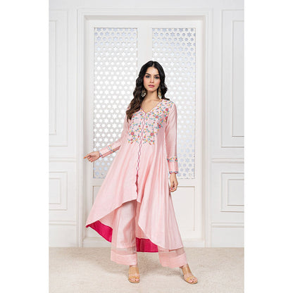 THE AARYA Peach Handwoven Chanderi Embroidered High Low Anarkali (Set of 3)