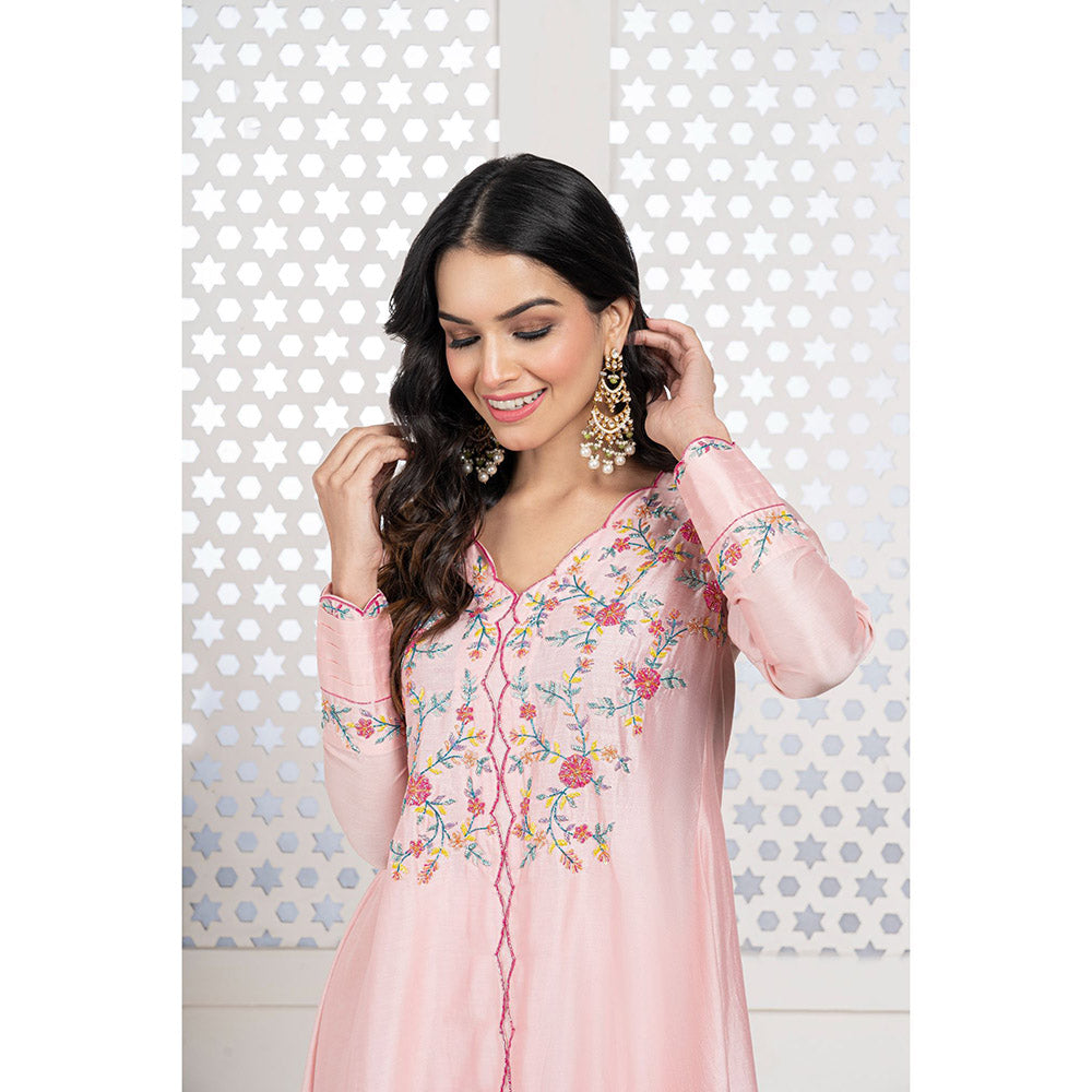 THE AARYA Peach Handwoven Chanderi Embroidered High Low Anarkali (Set of 3)