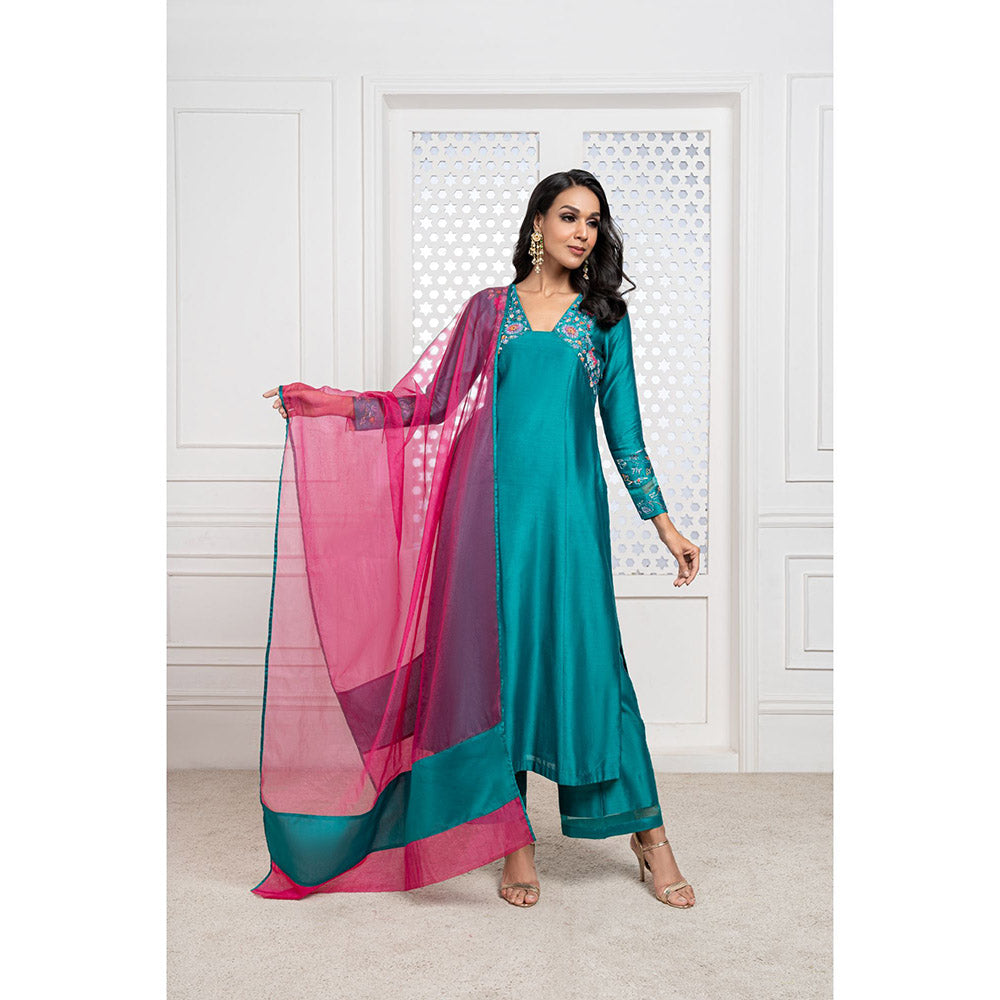 THE AARYA Green Handwoven Chanderi Embroidered Kali Kurta (Set of 3)