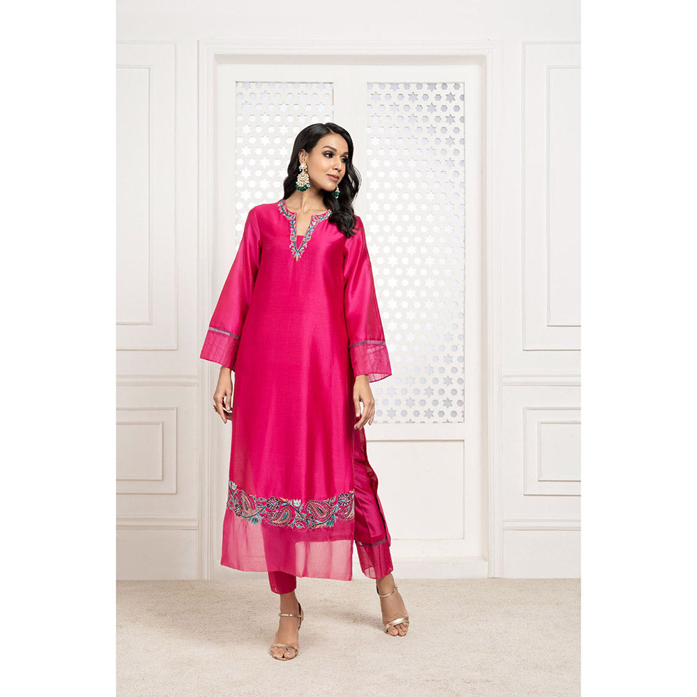 THE AARYA Pink Handwoven Chanderi Embroidered Kurta (Set of 3)