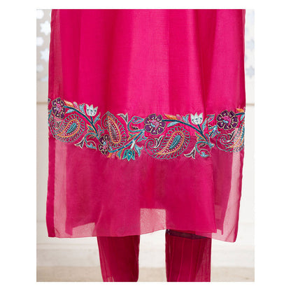 THE AARYA Pink Handwoven Chanderi Embroidered Kurta (Set of 3)