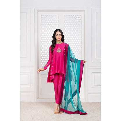 THE AARYA Pink Handwoven Chanderi Embroidered High Low Kurta (Set of 3)