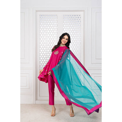 THE AARYA Pink Handwoven Chanderi Embroidered High Low Kurta (Set of 3)