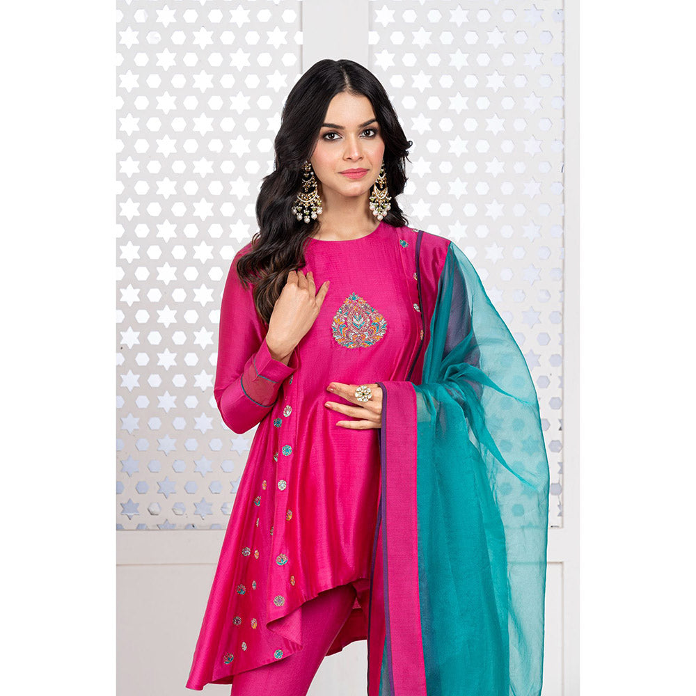 THE AARYA Pink Handwoven Chanderi Embroidered High Low Kurta (Set of 3)