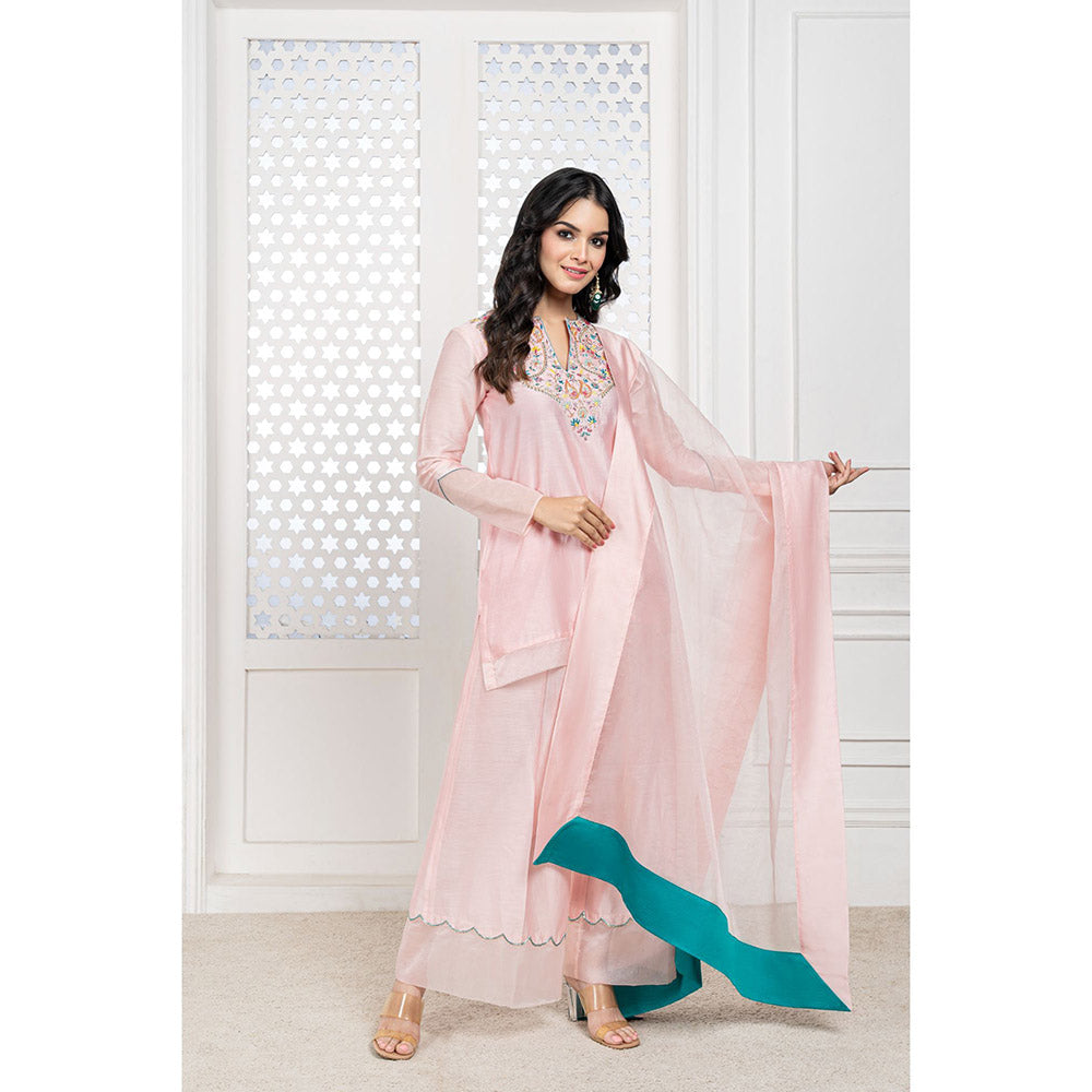 THE AARYA Peach Handwoven Chanderi Embroidered Short Kurta (Set of 3)