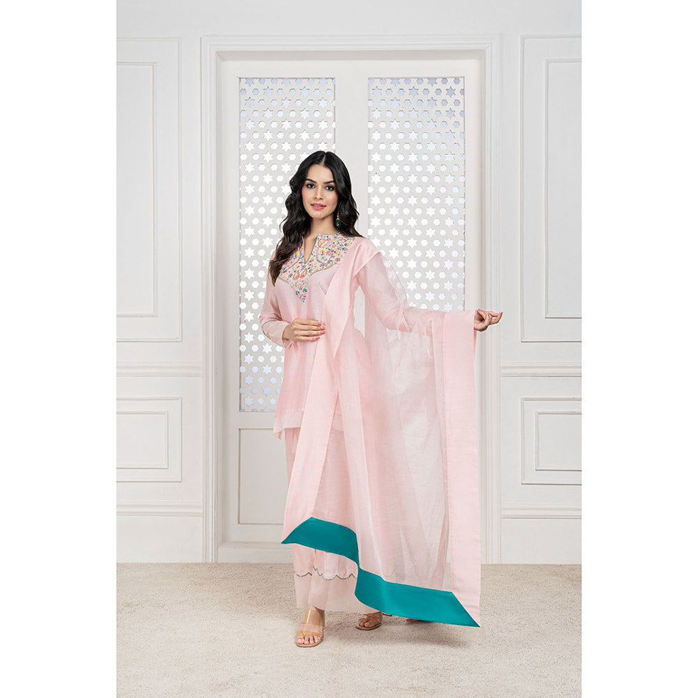 THE AARYA Peach Handwoven Chanderi Embroidered Short Kurta (Set of 3)