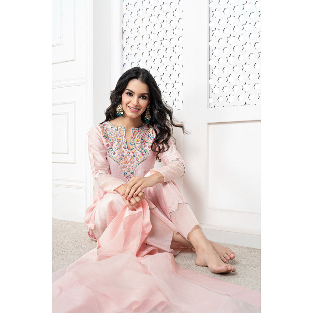 THE AARYA Peach Handwoven Chanderi Embroidered Short Kurta (Set of 3)