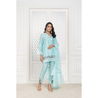 THE AARYA Aqua Blue Handwoven Chanderi Embroidered Short Kurta (Set of 3)