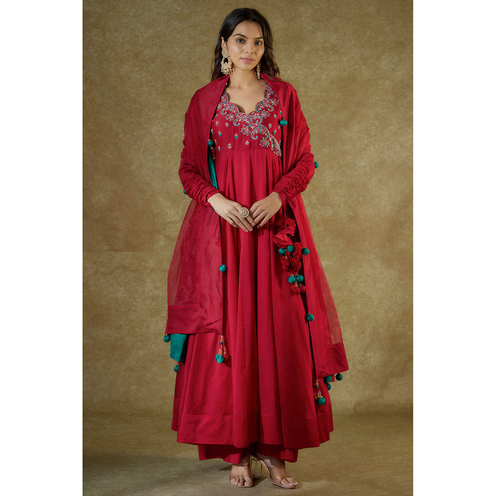 THE AARYA Red Chanderi Embroidered Anarkali And Palazzo With Dupatta (Set of 3)