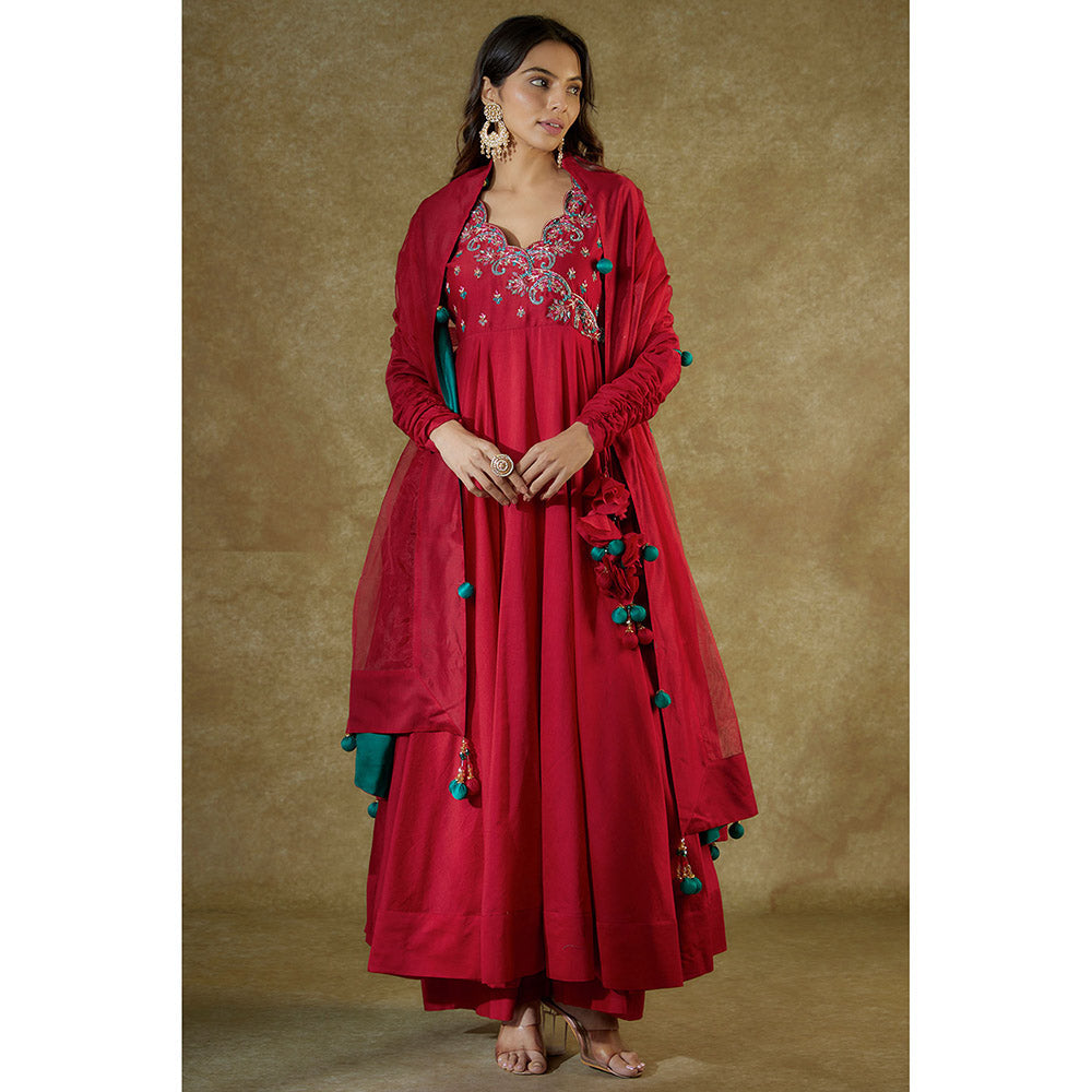 THE AARYA Red Chanderi Embroidered Anarkali And Palazzo With Dupatta (Set of 3)