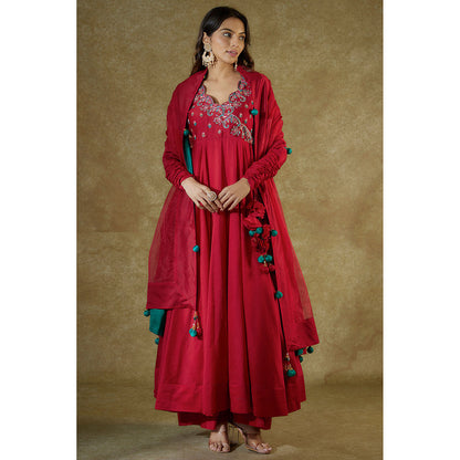 THE AARYA Red Chanderi Embroidered Anarkali And Palazzo With Dupatta (Set of 3)