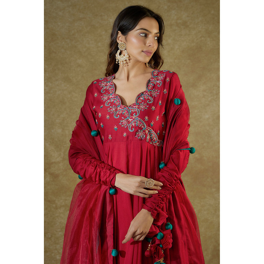 THE AARYA Red Chanderi Embroidered Anarkali And Palazzo With Dupatta (Set of 3)