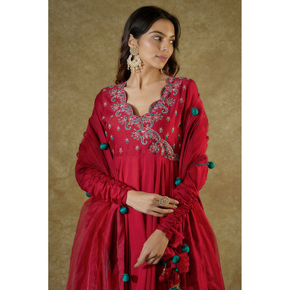 THE AARYA Red Chanderi Embroidered Anarkali And Palazzo With Dupatta (Set of 3)
