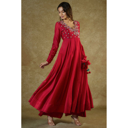 THE AARYA Red Chanderi Embroidered Anarkali And Palazzo With Dupatta (Set of 3)