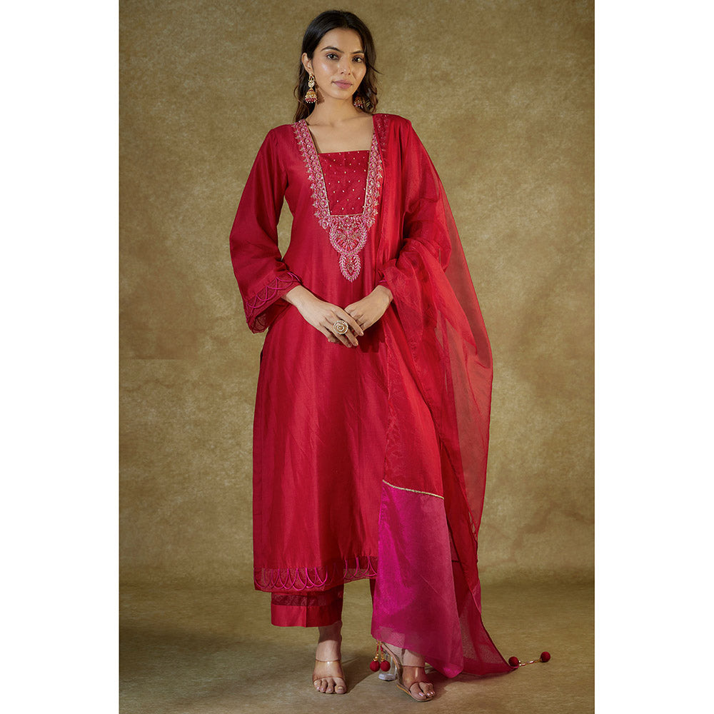 THE AARYA Red Chanderi Embroidered Kurta And Palazzo With Dupatta (Set of 3)